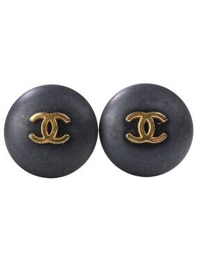 Chanel 95A Vintage CC Logo Circle Earrings Black Gold Colored